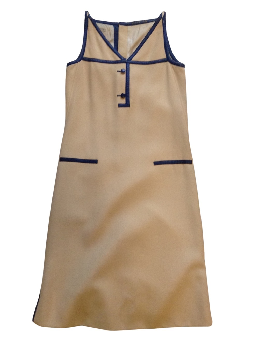 Courrèges Paris Rare Vintage Cream Wool Midi Shift Dress with Blue Trim